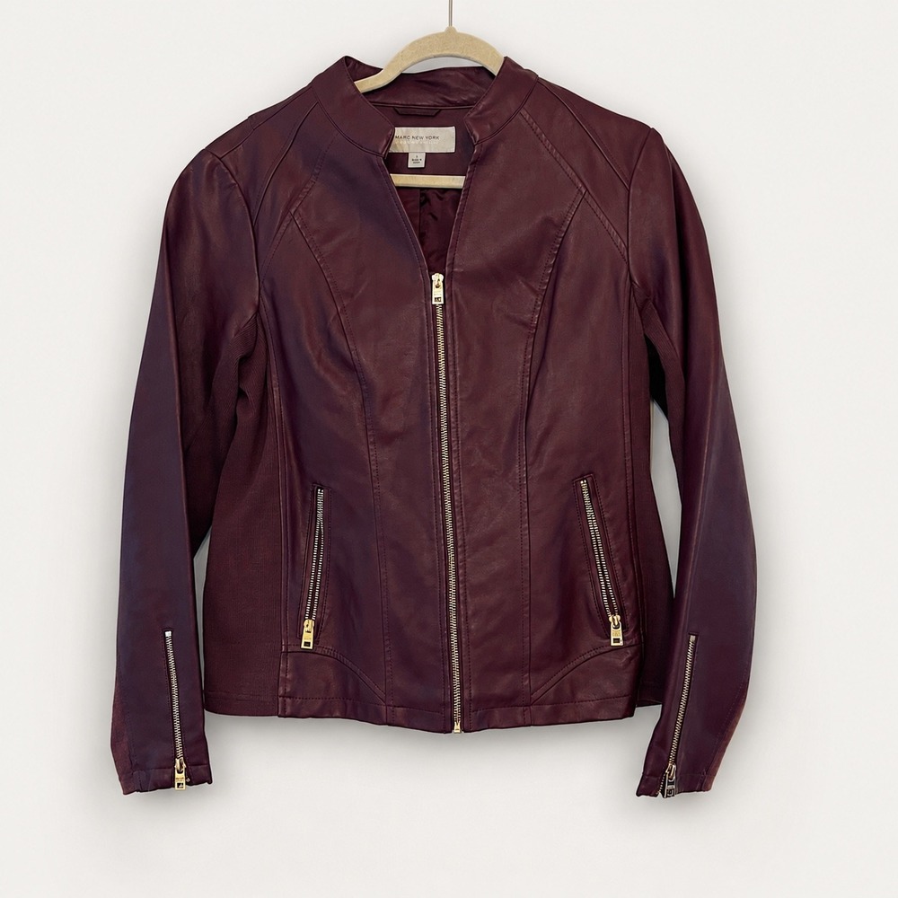 Marc New York Andrew Marc Burgundy Faux Leather Moto Jacket Large Gold Hardware